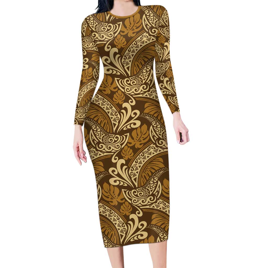Brown Gold Monstera Long Sleeve Bodycon Dress Polynesian Tribal Pattern LT01 Long Dress Gold - Polynesian Pride