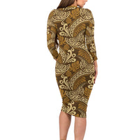 Brown Gold Monstera Long Sleeve Bodycon Dress Polynesian Tribal Pattern LT01 - Polynesian Pride