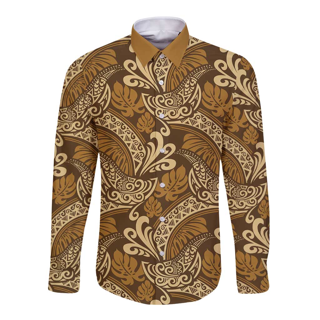 Brown Gold Monstera Long Sleeve Button Shirt Polynesian Tribal Pattern LT01 Unisex Gold - Polynesian Pride