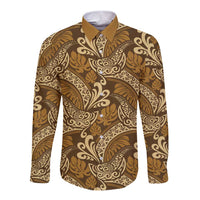 Brown Gold Monstera Long Sleeve Button Shirt Polynesian Tribal Pattern LT01 Unisex Gold - Polynesian Pride