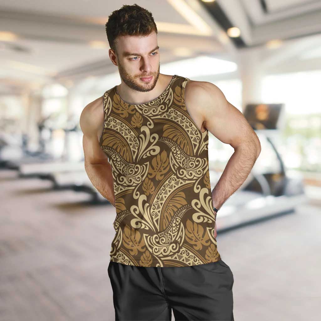 Brown Gold Monstera Men Tank Top Polynesian Tribal Pattern LT01 Gold - Polynesian Pride