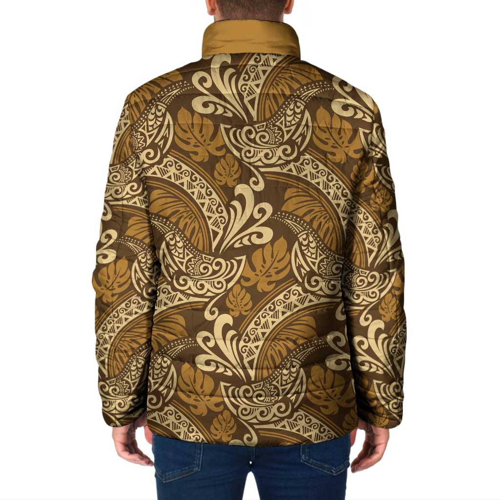 Brown Gold Monstera Padded Jacket Polynesian Tribal Pattern LT01 - Polynesian Pride