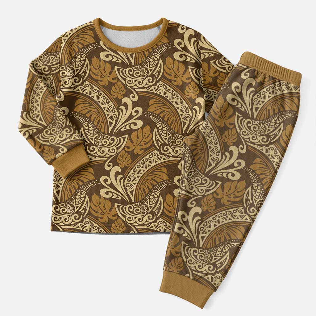 Brown Gold Monstera Christmas Pajama Set Polynesian Tribal Pattern LT01 Men Gold - Polynesian Pride