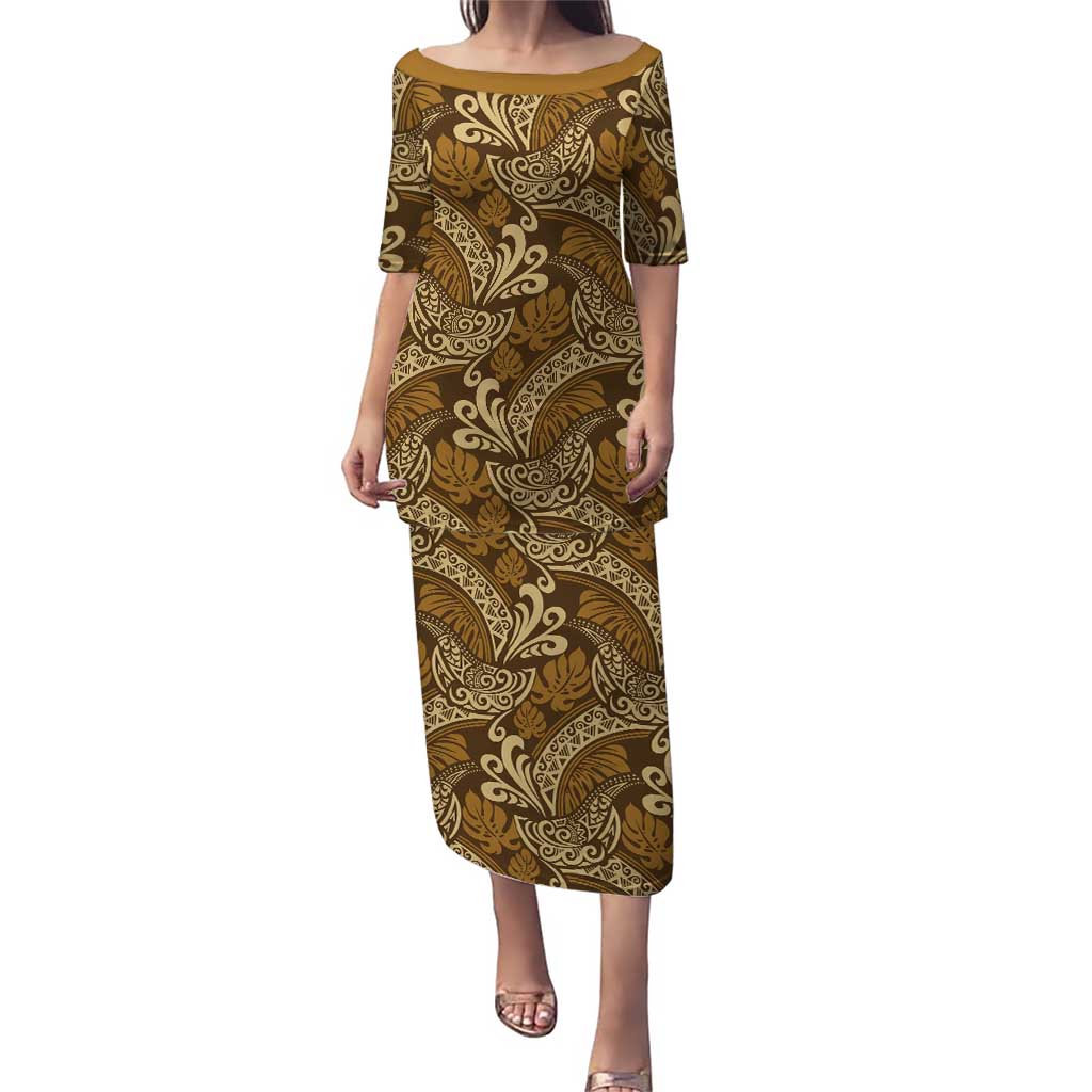 Brown Gold Monstera Puletasi Polynesian Tribal Pattern LT01 Long Dress Gold - Polynesian Pride