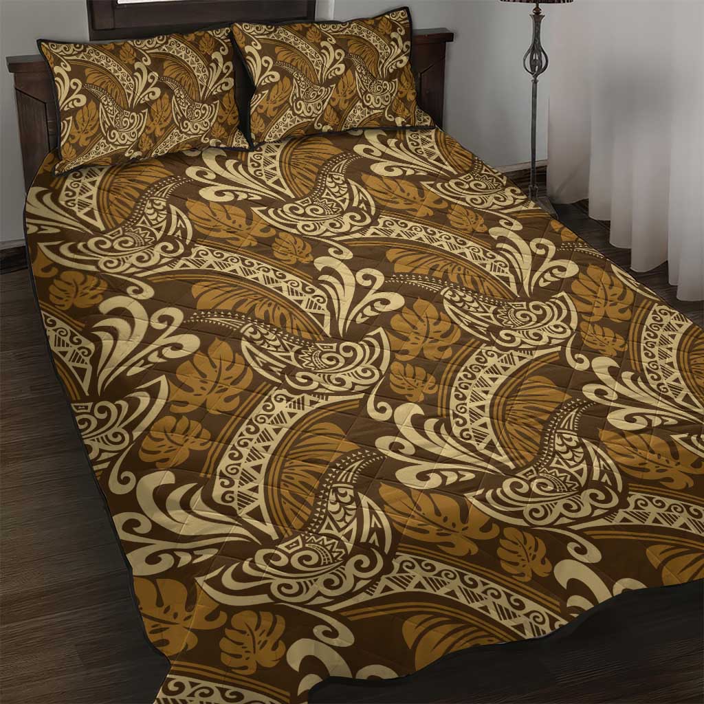 Brown Gold Monstera Quilt Bed Set Polynesian Tribal Pattern LT01 Gold - Polynesian Pride