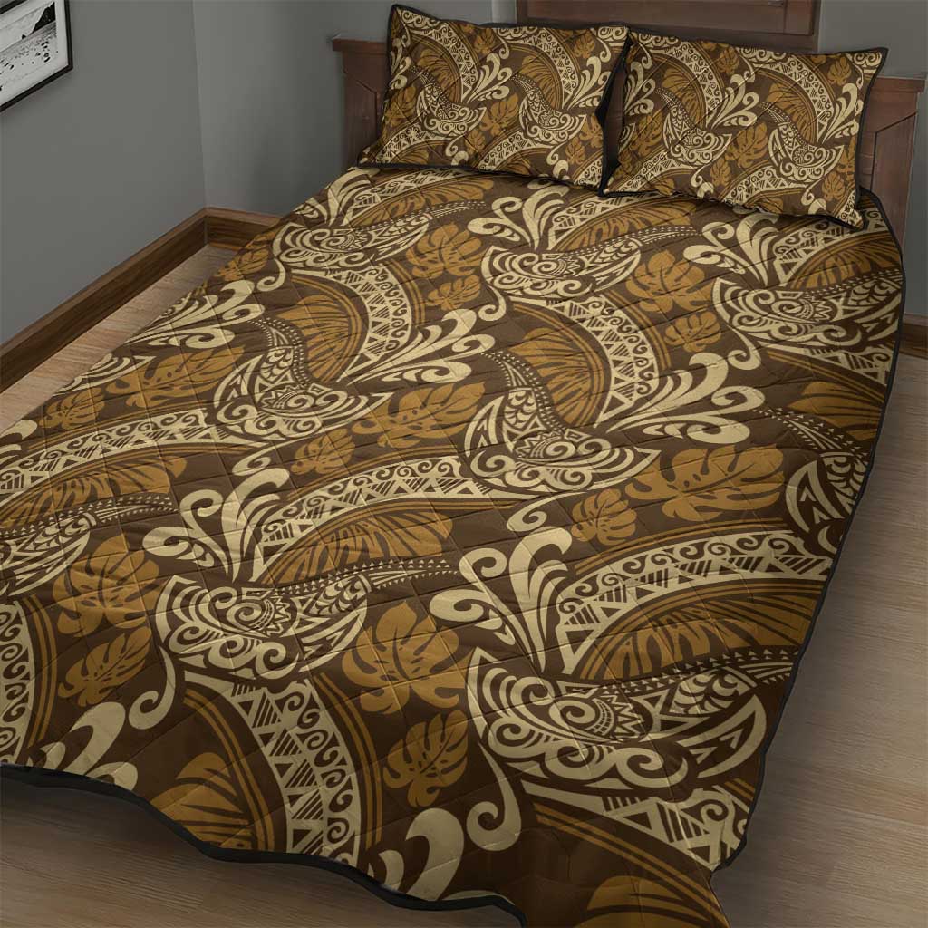 Brown Gold Monstera Quilt Bed Set Polynesian Tribal Pattern LT01 - Polynesian Pride