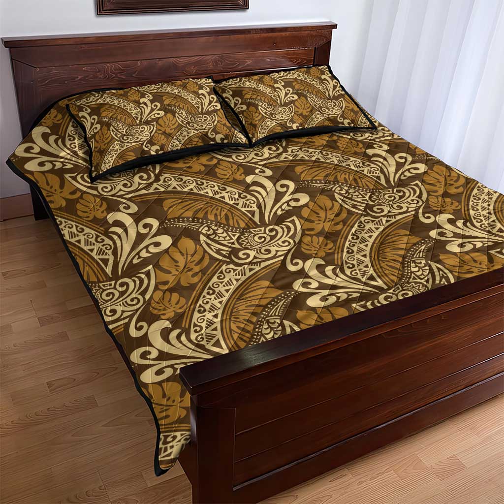 Brown Gold Monstera Quilt Bed Set Polynesian Tribal Pattern LT01 - Polynesian Pride