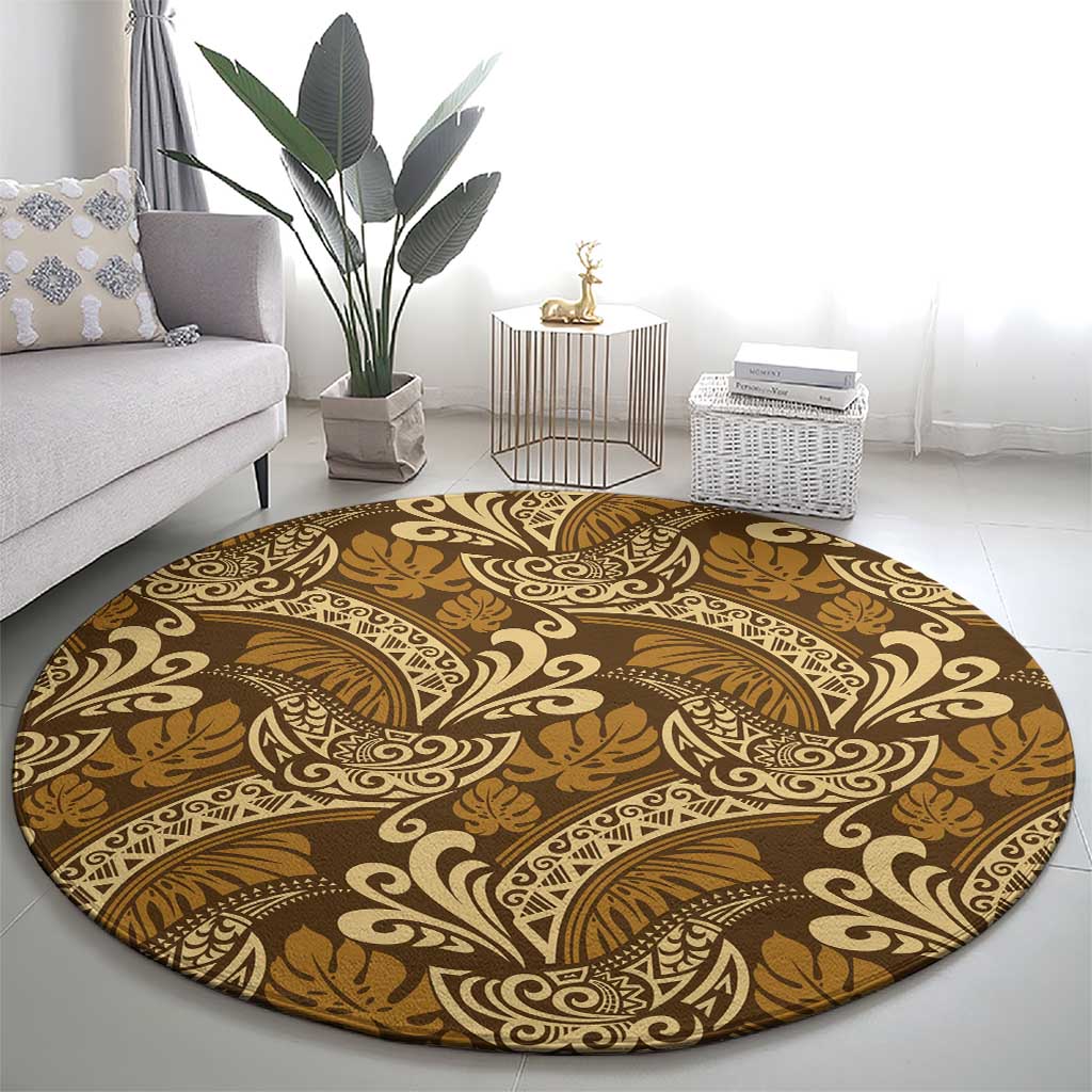 Brown Gold Monstera Round Carpet Polynesian Tribal Pattern LT01 - Polynesian Pride