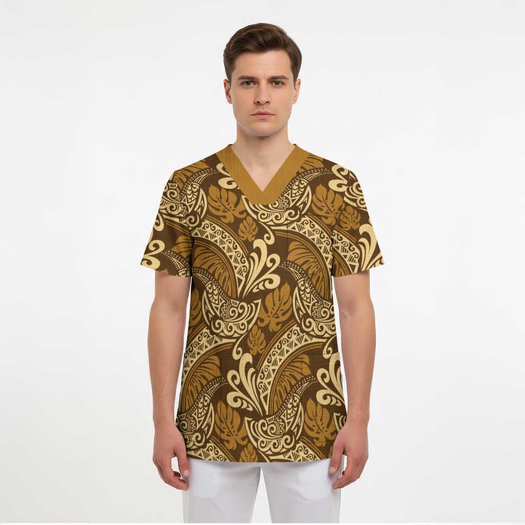 Brown Gold Monstera Scrub Top Polynesian Tribal Pattern LT01 - Polynesian Pride