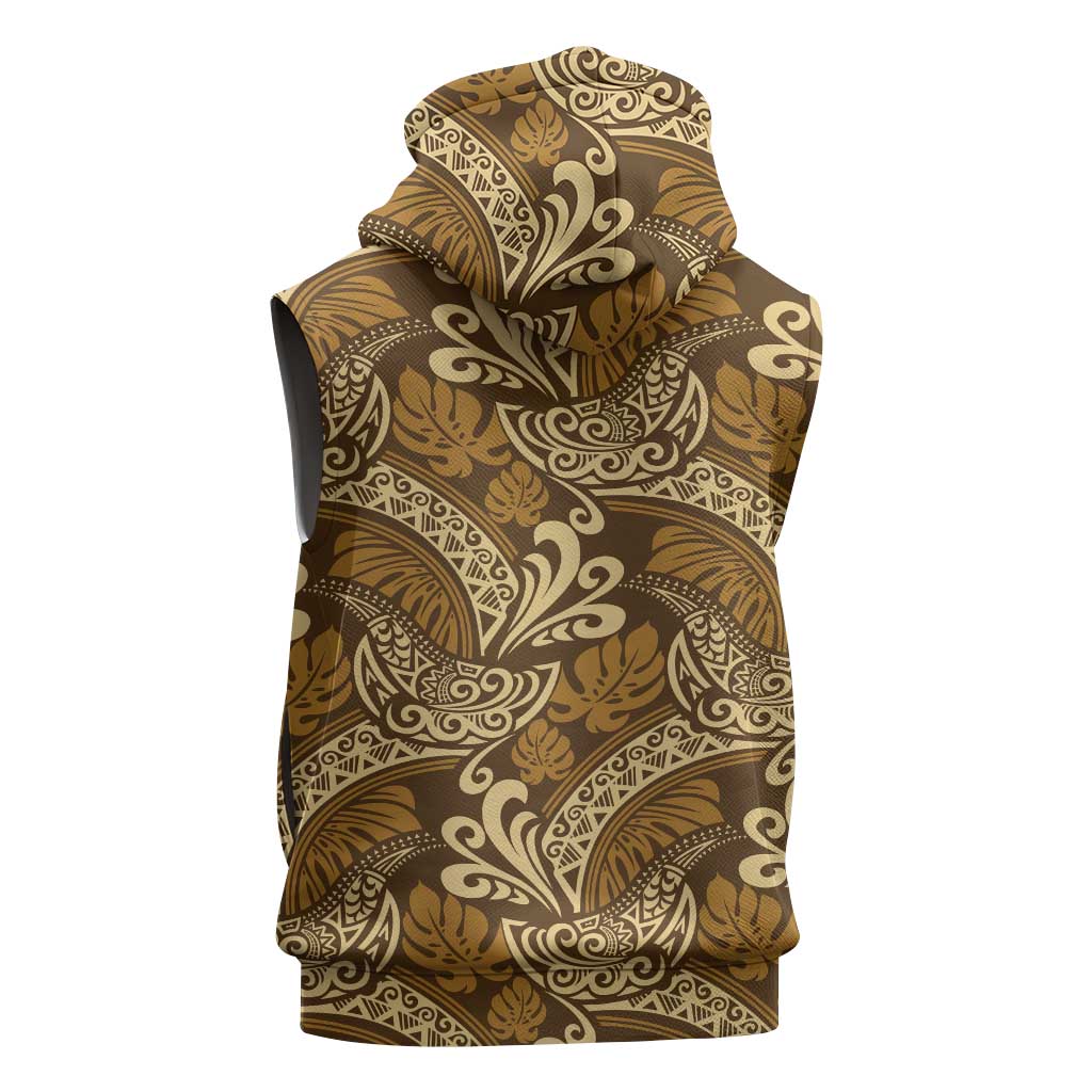 Brown Gold Monstera Sleeveless Hoodie Polynesian Tribal Pattern LT01 - Polynesian Pride