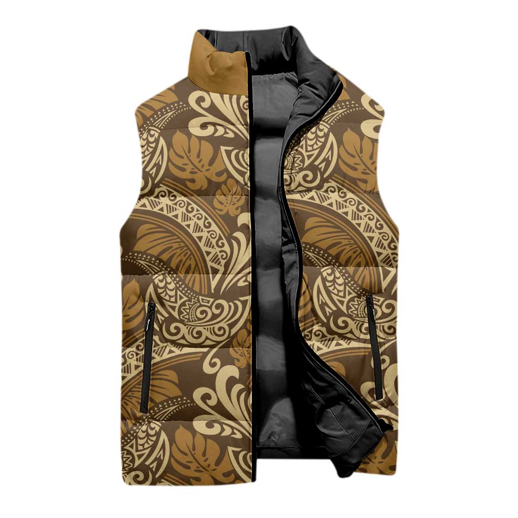 Brown Gold Monstera Sleeveless Puffer Jacket Polynesian Tribal Pattern LT01 - Polynesian Pride