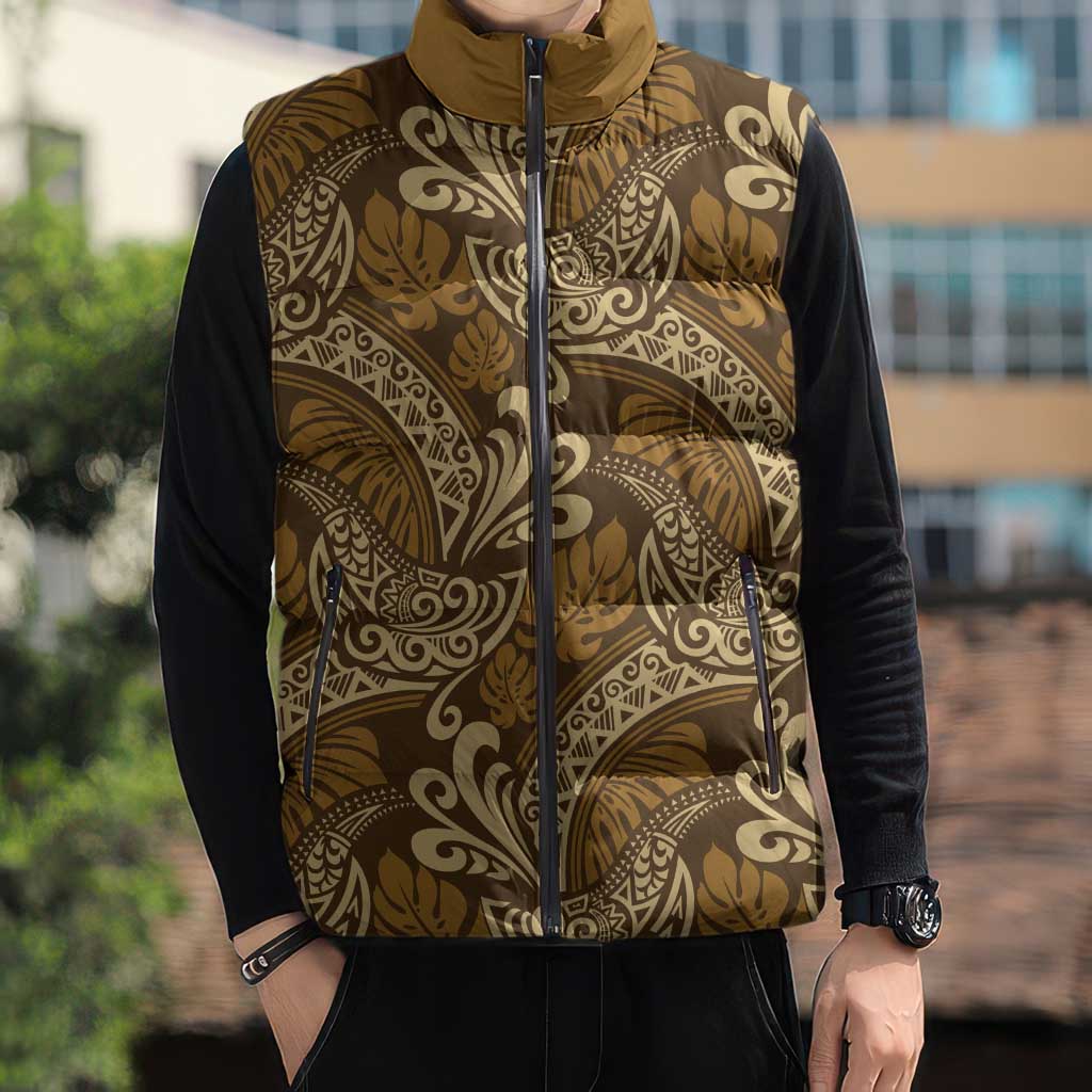 Brown Gold Monstera Sleeveless Puffer Jacket Polynesian Tribal Pattern LT01 - Polynesian Pride
