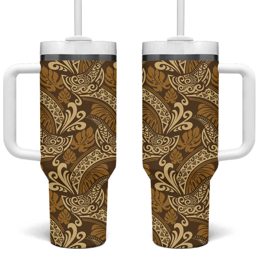 Brown Gold Monstera Tumbler With Handle Polynesian Tribal Pattern LT01 One Size: 40 oz Gold - Polynesian Pride
