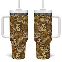 Brown Gold Monstera Tumbler With Handle Polynesian Tribal Pattern LT01 One Size: 40 oz Gold - Polynesian Pride