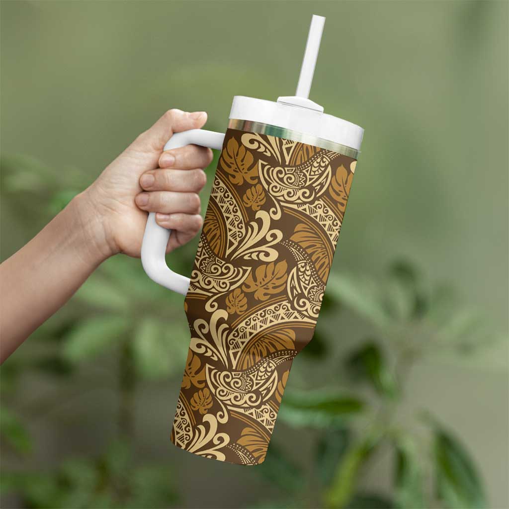 Brown Gold Monstera Tumbler With Handle Polynesian Tribal Pattern LT01 - Polynesian Pride