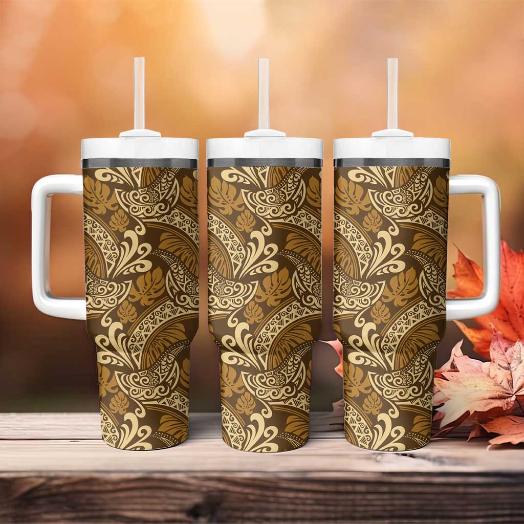 Brown Gold Monstera Tumbler With Handle Polynesian Tribal Pattern LT01 - Polynesian Pride