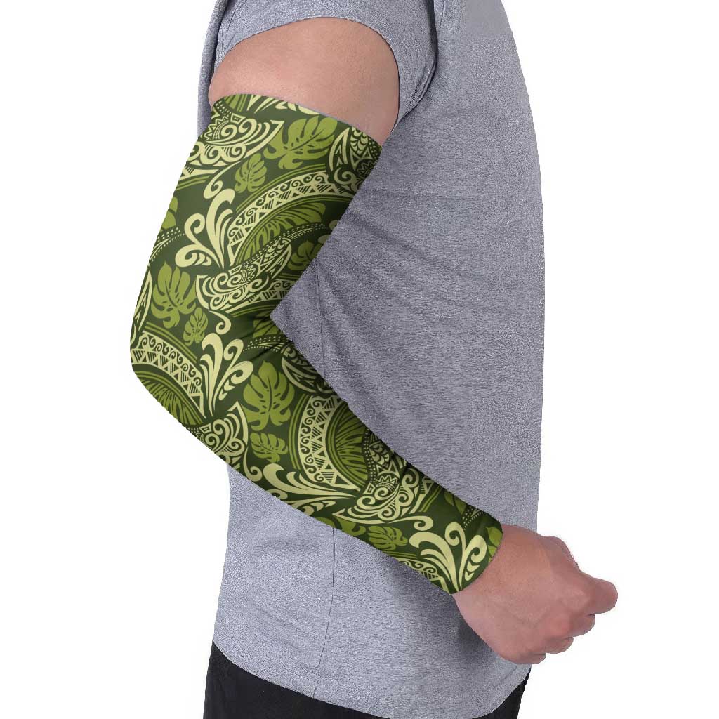 Olive Green Monstera Arm Sleeves Polynesian Tribal Pattern LT01 - Polynesian Pride