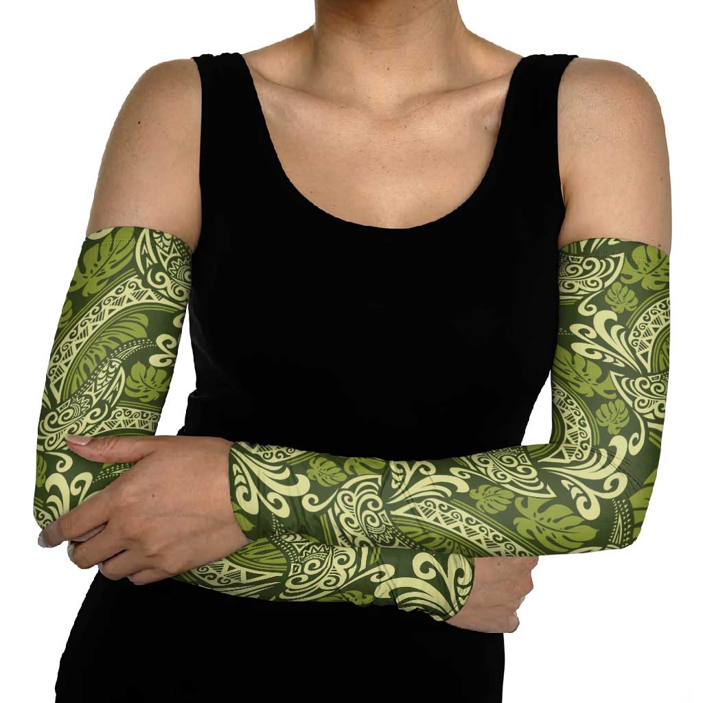 Olive Green Monstera Arm Sleeves Polynesian Tribal Pattern LT01 - Polynesian Pride