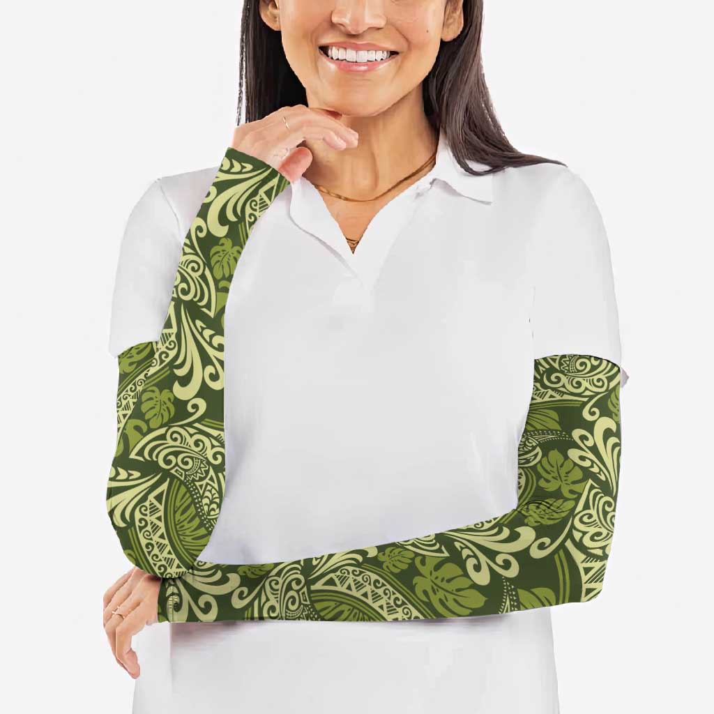 Olive Green Monstera Arm Sleeves Polynesian Tribal Pattern LT01 - Polynesian Pride