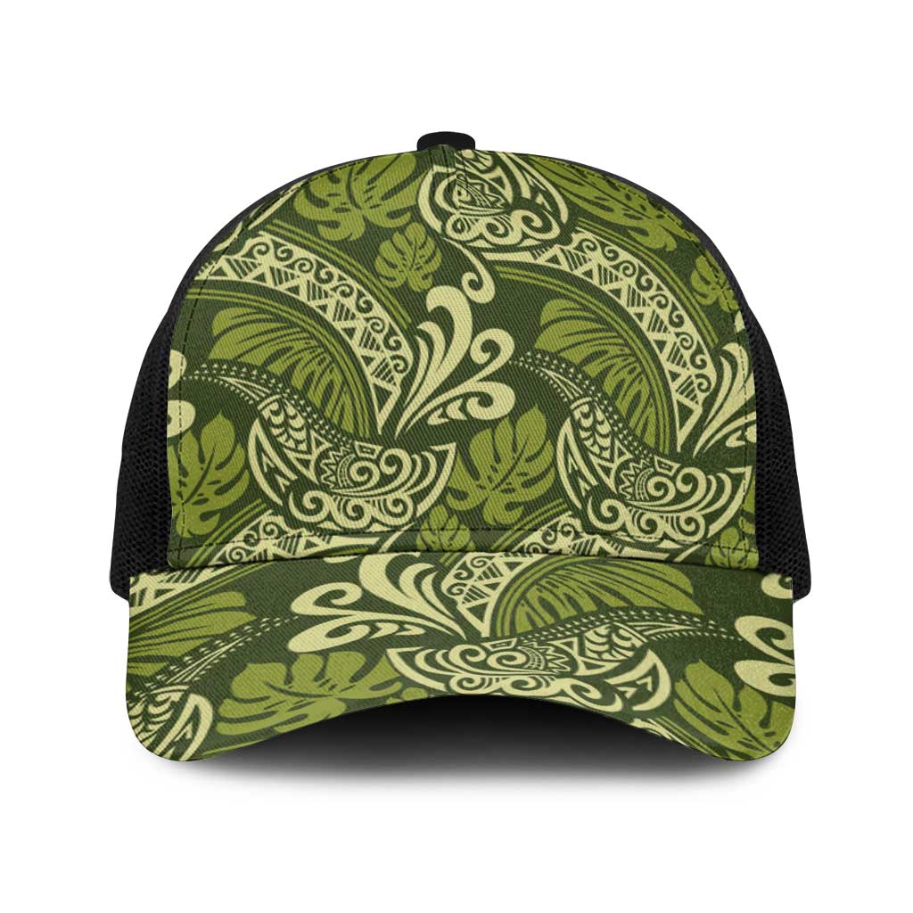 Olive Green Monstera Baseball Net Cap Polynesian Tribal Pattern LT01 One Size Black Green - Polynesian Pride