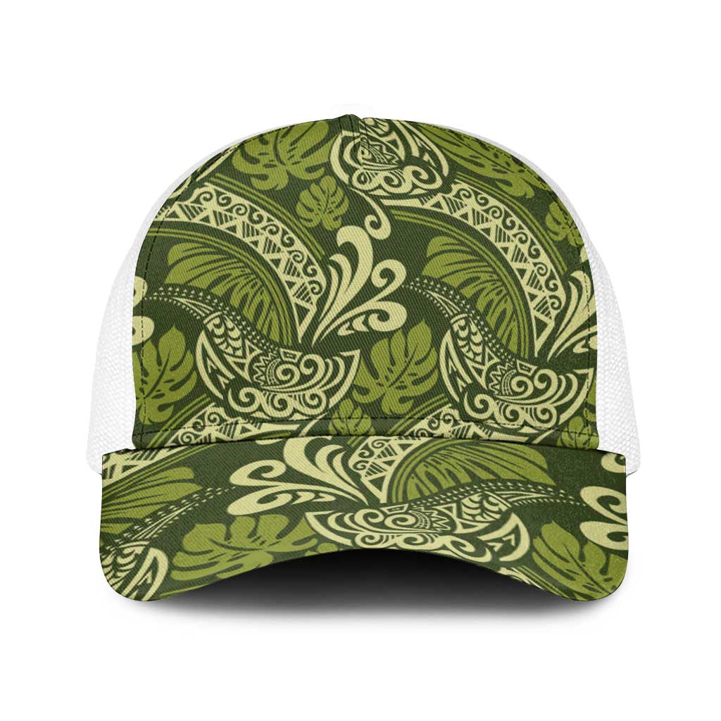 Olive Green Monstera Baseball Net Cap Polynesian Tribal Pattern LT01 One Size White Green - Polynesian Pride