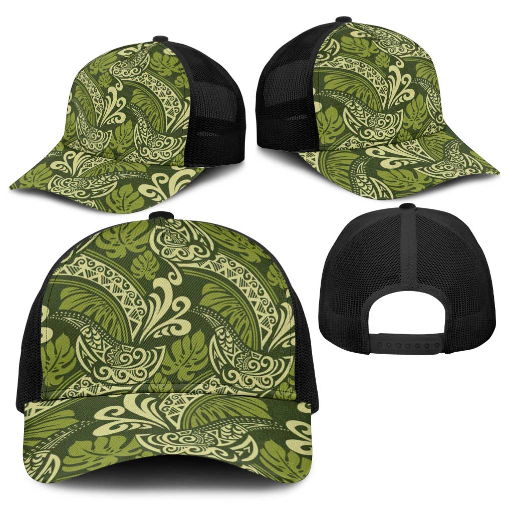 Olive Green Monstera Baseball Net Cap Polynesian Tribal Pattern LT01 - Polynesian Pride