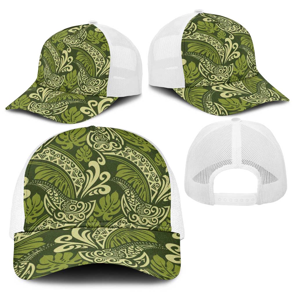 Olive Green Monstera Baseball Net Cap Polynesian Tribal Pattern LT01 - Polynesian Pride