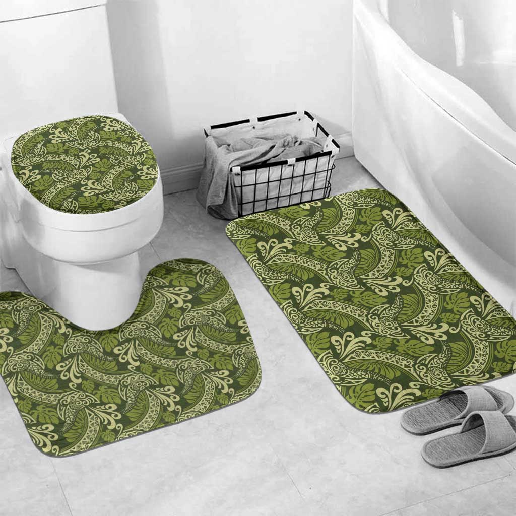 Olive Green Monstera Bathroom Set Polynesian Tribal Pattern LT01 Mat Set Only (3 pcs) One Size Green - Polynesian Pride