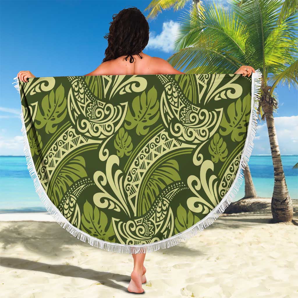 Olive Green Monstera Beach Blanket Polynesian Tribal Pattern LT01 - Polynesian Pride