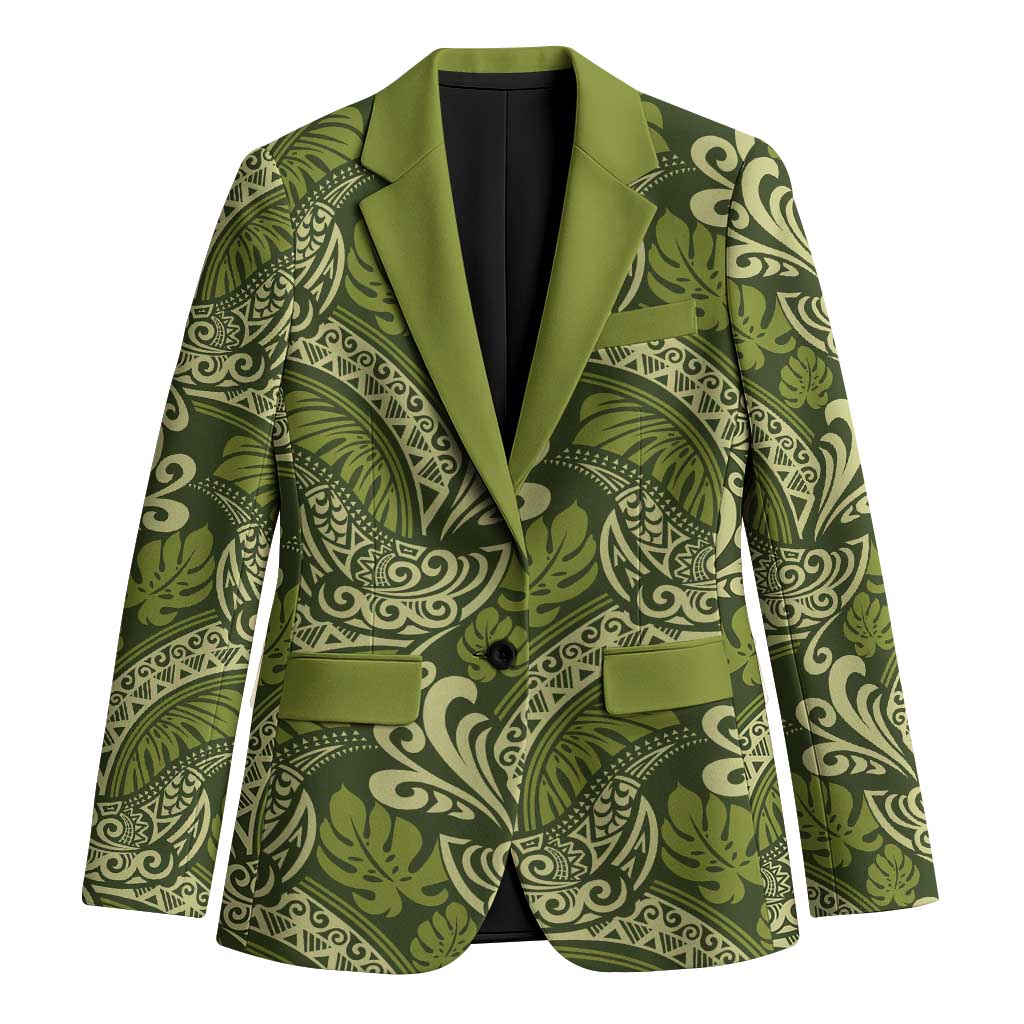 Olive Green Monstera Blazer Polynesian Tribal Pattern LT01 Unisex Green - Polynesian Pride
