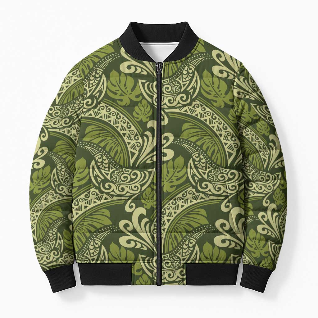 Olive Green Monstera Bomber Puffer Jacket Polynesian Tribal Pattern LT01 Unisex Green - Polynesian Pride