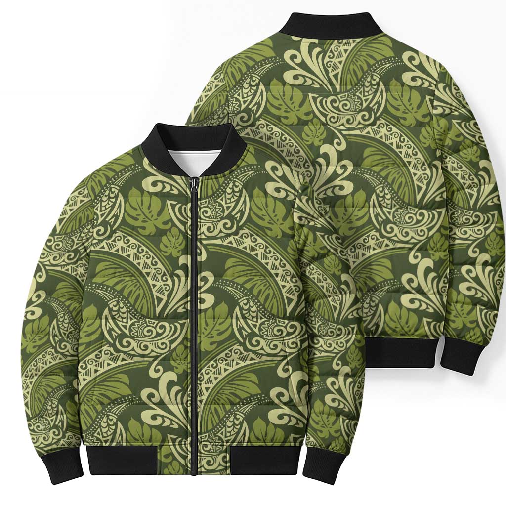 Olive Green Monstera Bomber Puffer Jacket Polynesian Tribal Pattern LT01 - Polynesian Pride