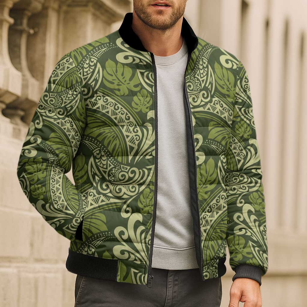 Olive Green Monstera Bomber Puffer Jacket Polynesian Tribal Pattern LT01 - Polynesian Pride