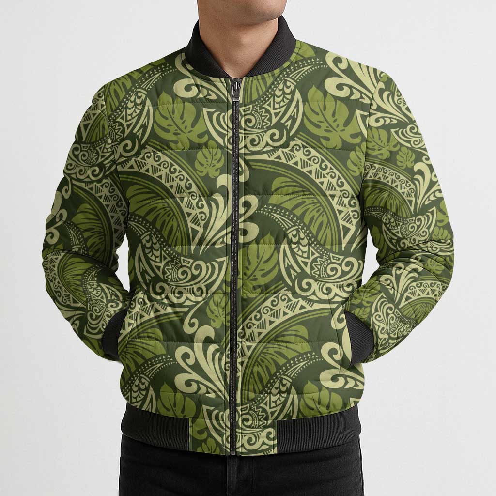 Olive Green Monstera Bomber Puffer Jacket Polynesian Tribal Pattern LT01 - Polynesian Pride