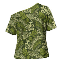 Olive Green Monstera Cross Shoulder Shirt Polynesian Tribal Pattern LT01 - Polynesian Pride