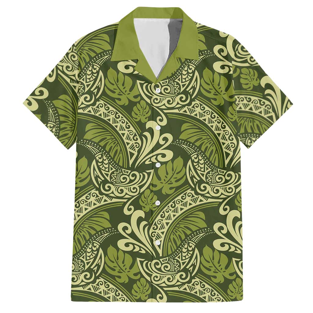 Olive Green Monstera Hawaiian Shirt Polynesian Tribal Pattern LT01 Green - Polynesian Pride