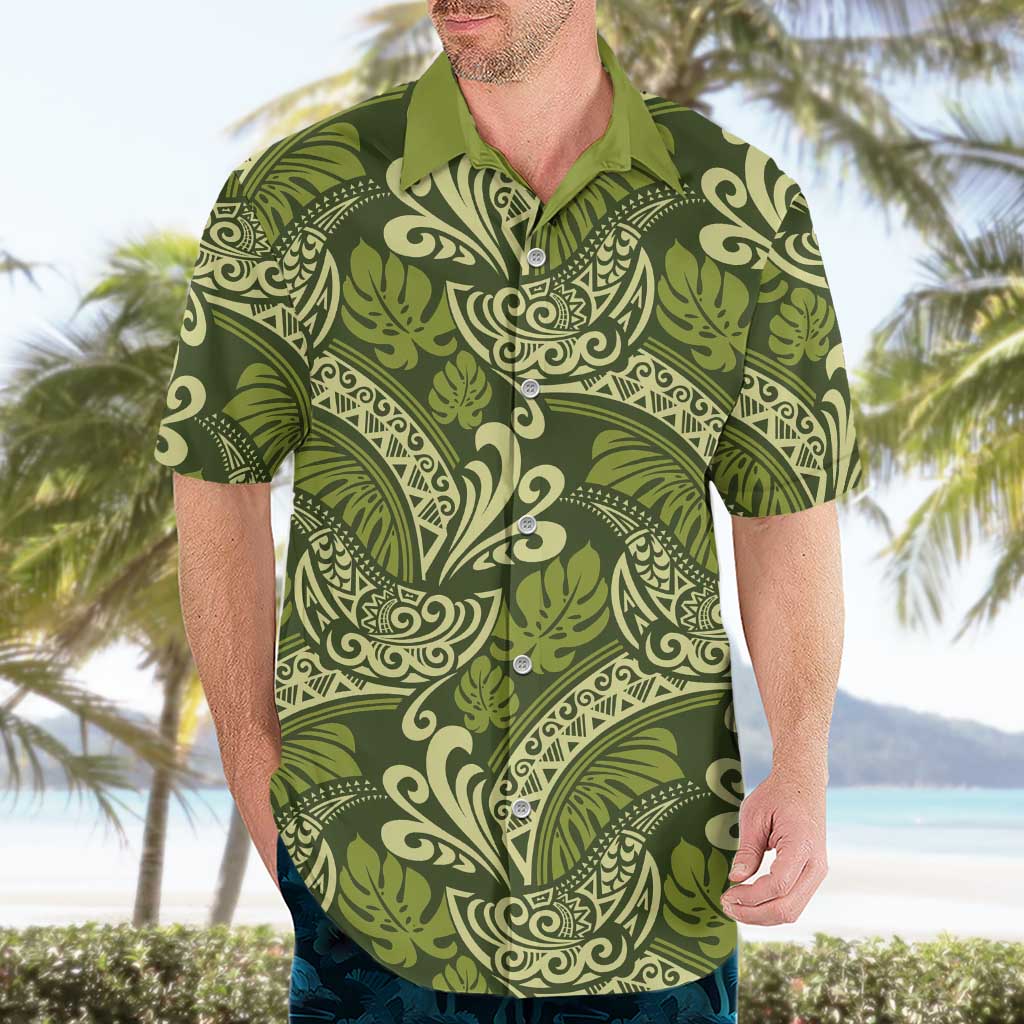 Olive Green Monstera Hawaiian Shirt Polynesian Tribal Pattern LT01 - Polynesian Pride