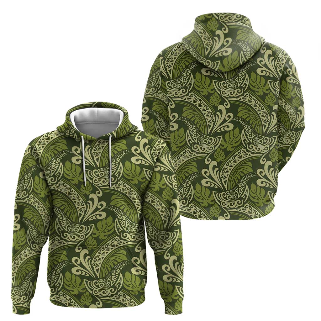 Olive Green Monstera Hoodie Polynesian Tribal Pattern LT01 - Polynesian Pride