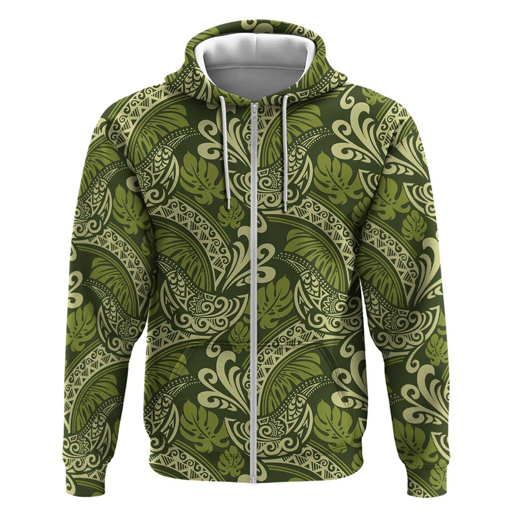 Olive Green Monstera Hoodie Polynesian Tribal Pattern LT01 Zip Hoodie Green - Polynesian Pride