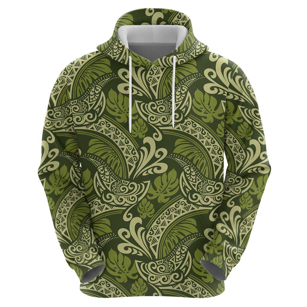 Olive Green Monstera Hoodie Polynesian Tribal Pattern LT01 - Polynesian Pride