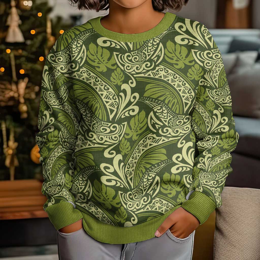 Olive Green Monstera Kid Ugly Christmas Sweater Polynesian Tribal Pattern LT01 - Polynesian Pride