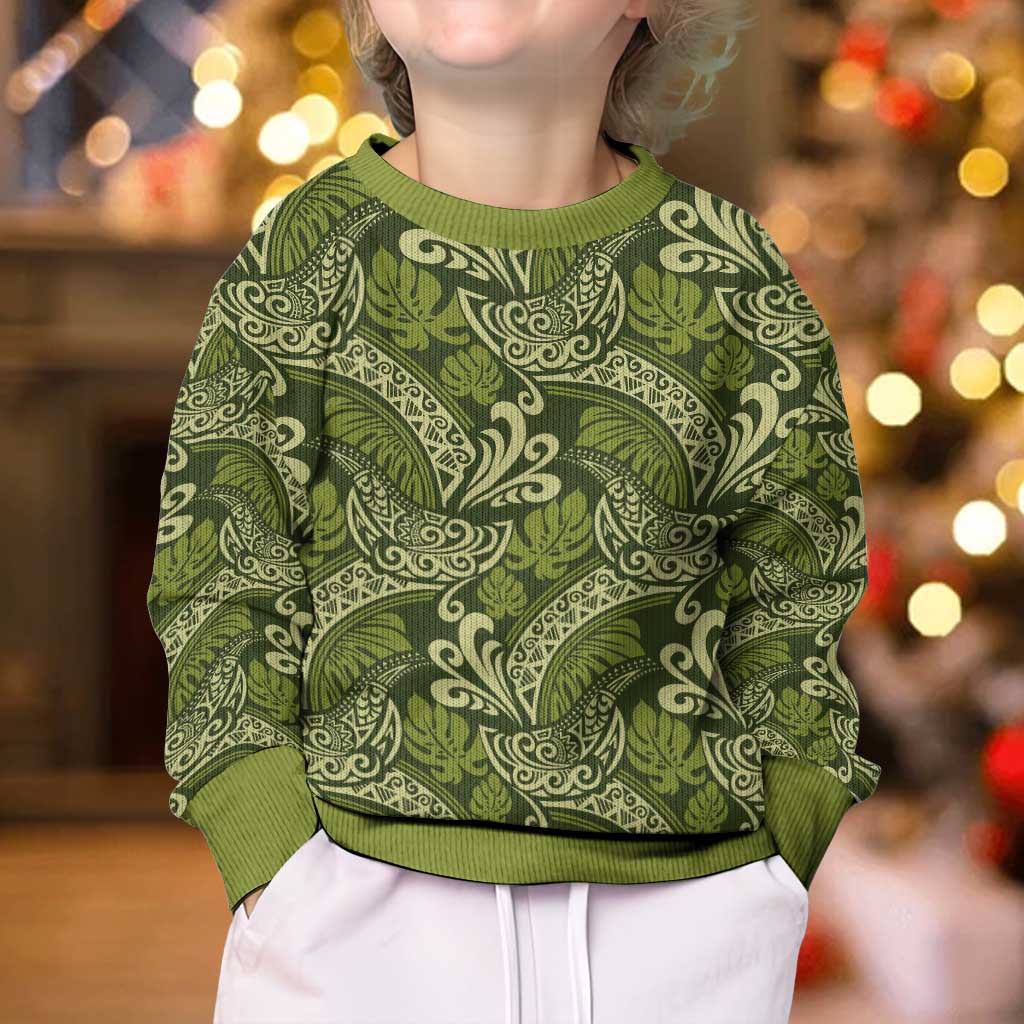Olive Green Monstera Kid Ugly Christmas Sweater Polynesian Tribal Pattern LT01 - Polynesian Pride