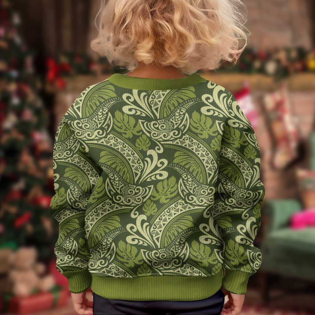Olive Green Monstera Kid Ugly Christmas Sweater Polynesian Tribal Pattern LT01 - Polynesian Pride