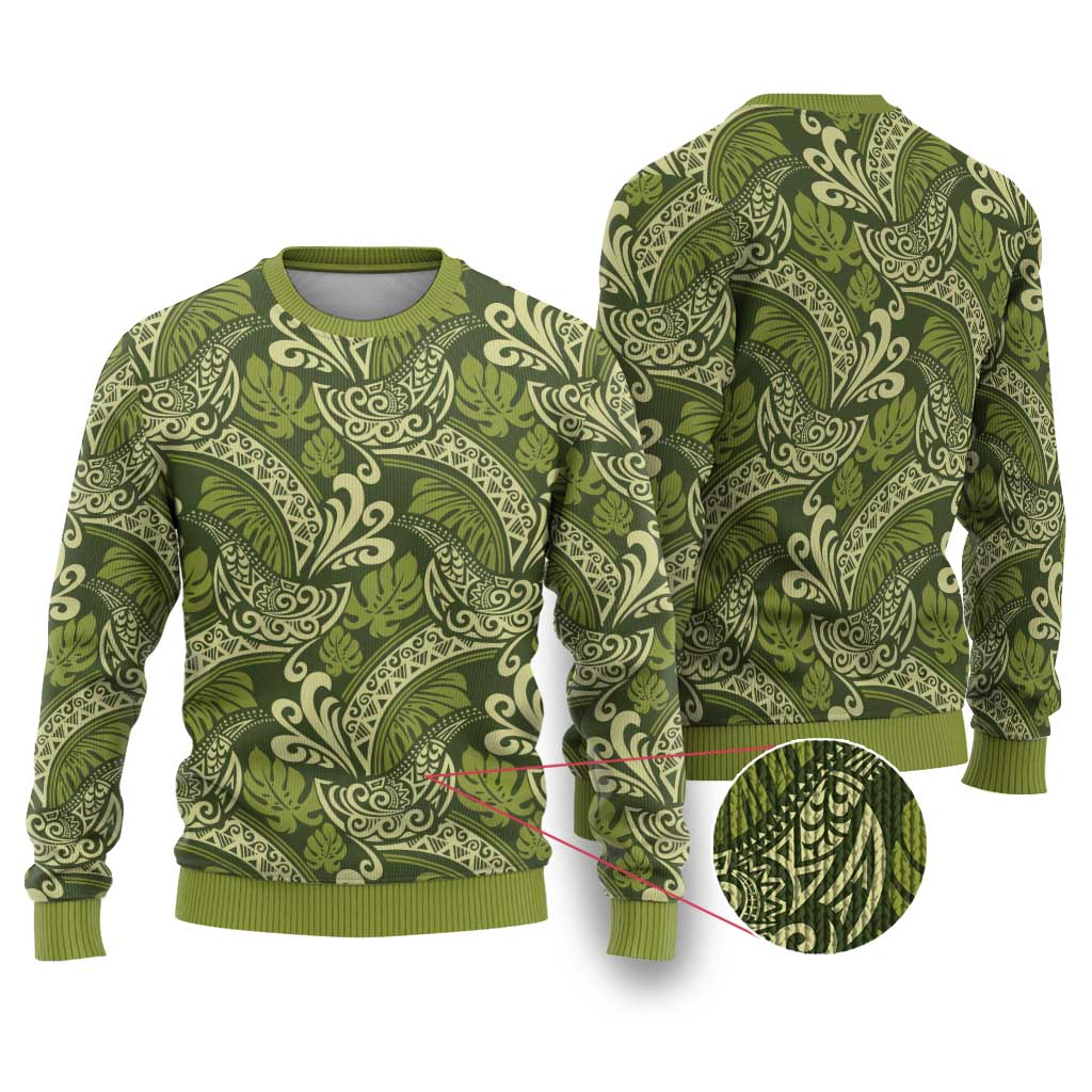 Olive Green Monstera Ugly Christmas Sweater Polynesian Tribal Pattern LT01 Green - Polynesian Pride
