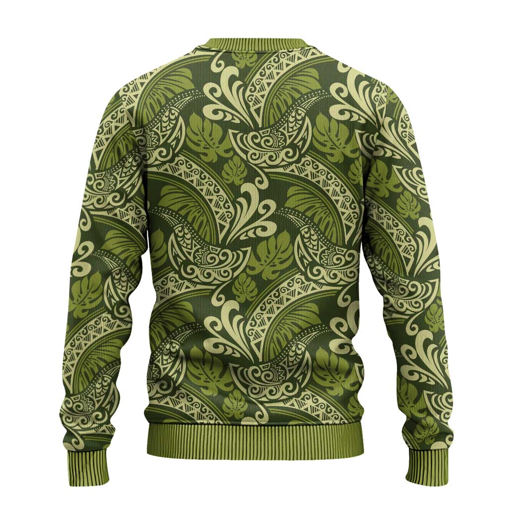 Olive Green Monstera Ugly Christmas Sweater Polynesian Tribal Pattern LT01 - Polynesian Pride