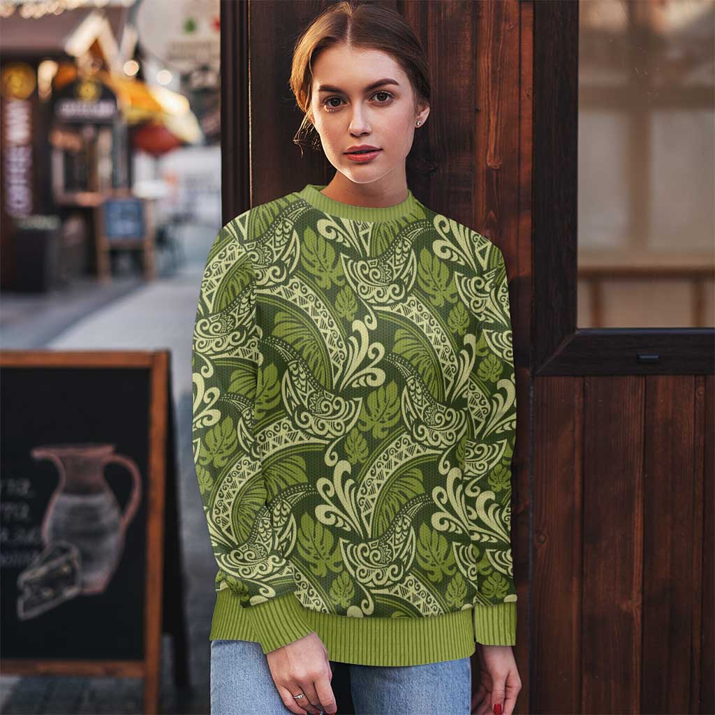 Olive Green Monstera Ugly Christmas Sweater Polynesian Tribal Pattern LT01 - Polynesian Pride