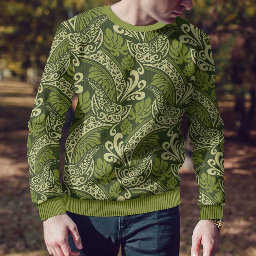 Olive Green Monstera Ugly Christmas Sweater Polynesian Tribal Pattern LT01 - Polynesian Pride