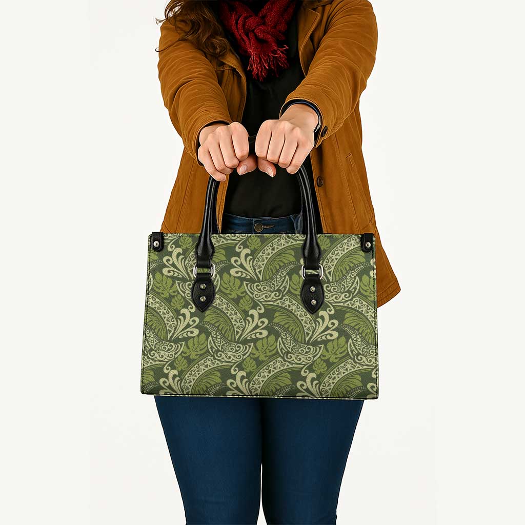 Olive Green Monstera Leather Bag Polynesian Tribal Pattern LT01 - Polynesian Pride