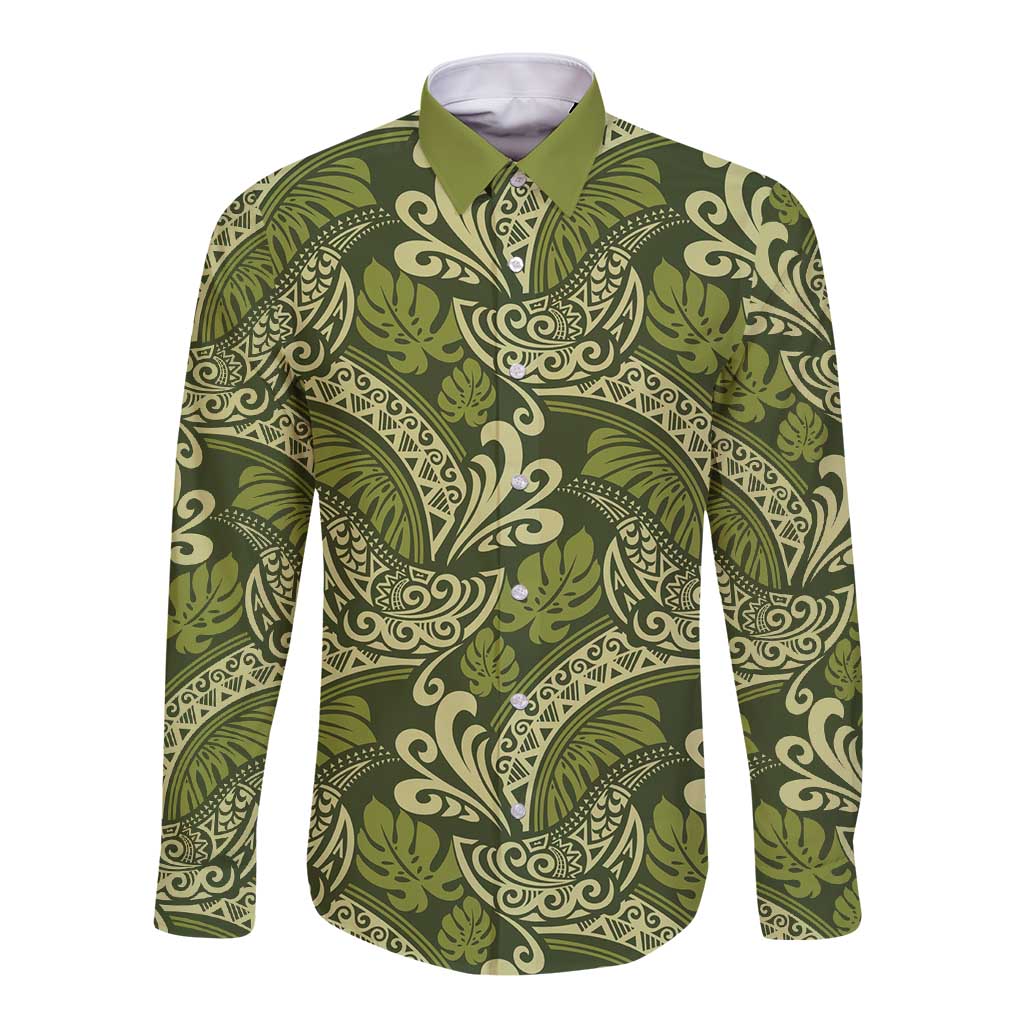Olive Green Monstera Long Sleeve Button Shirt Polynesian Tribal Pattern LT01 Unisex Green - Polynesian Pride