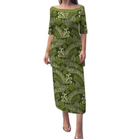 Olive Green Monstera Puletasi Polynesian Tribal Pattern LT01 Long Dress Green - Polynesian Pride